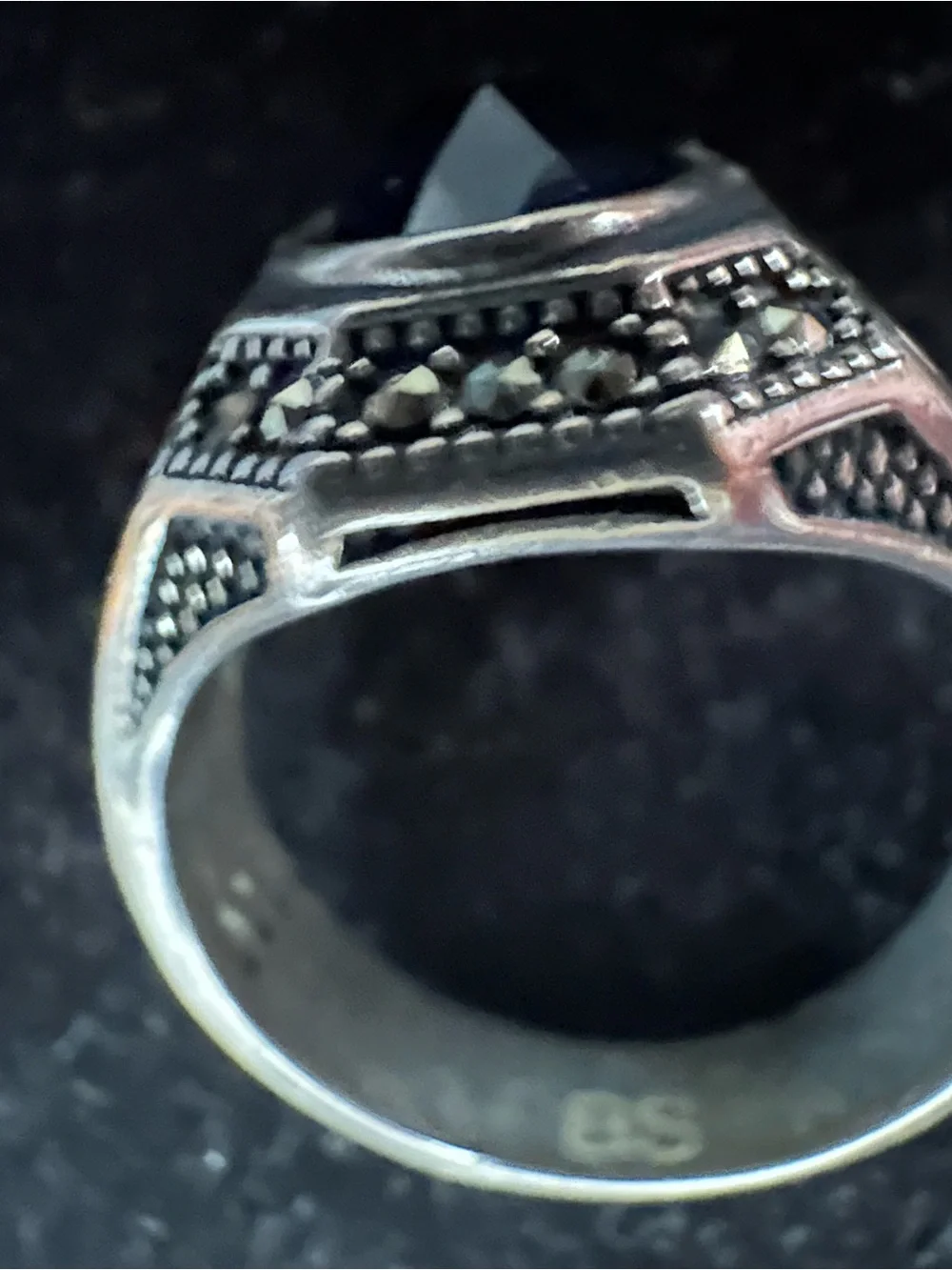 Men’s Silver Ring with Dark Blue Faceted Center Stone